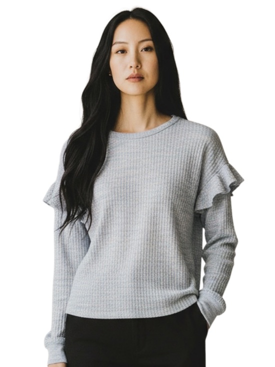 SO Tops - SO Light Gray Ruffle Shoulder Waffle Knit Pullover